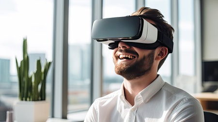 Happy young businessman using virtual reality headset in the office. Generative Aiの素材