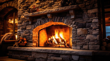 Stone fireplace ablaze in the house. Generative Aiの素材