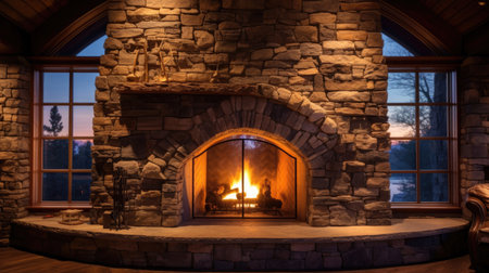 Stone fireplace ablaze in the house. Generative Aiの素材