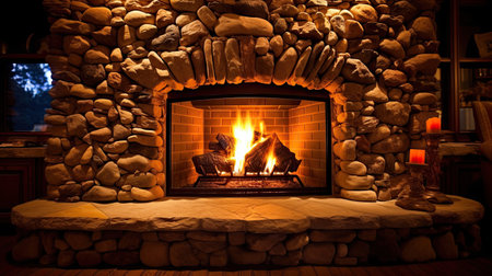 Stone fireplace ablaze in the house. Generative Aiの素材