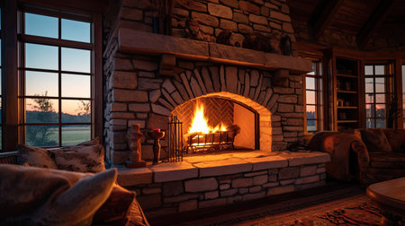 Stone fireplace ablaze in the house. Generative Aiの素材