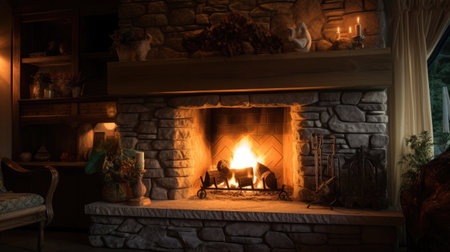 Stone fireplace ablaze in the house. Generative Aiの素材