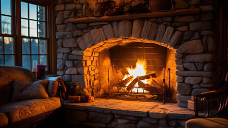 Stone fireplace ablaze in the house. Generative Aiの素材