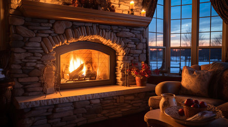Stone fireplace ablaze in the house. Generative Aiの素材