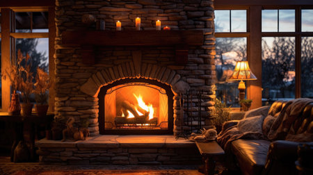 Stone fireplace ablaze in the house. Generative Aiの素材