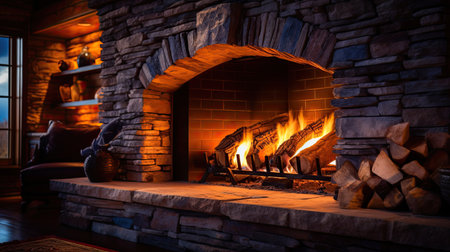 Stone fireplace ablaze in the house. Generative Aiの素材