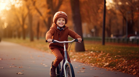 A cheerful child boy riding a bicycle for the first time. Generative Aiの素材