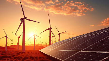 Modern Wind turbines and solar panels at sunset. Clean energy concept. Generative Aiの素材