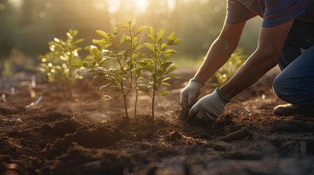 Person planting trees, Concept of community participation in environmental conservation and sustainability. Generative Aiの素材