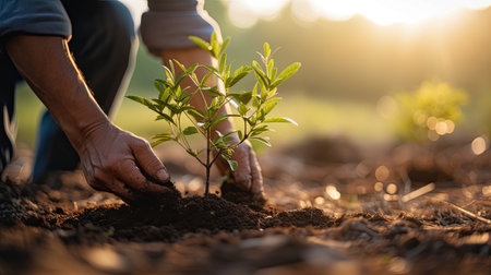 Person planting trees, Concept of community participation in environmental conservation and sustainability. Generative Aiの素材