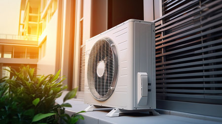 Air source heat pump installed in residential building. electrical appliance. Generative Aiの素材