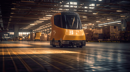 Automated guided vehicle in warehouse logistic and transport. AGV. Generative Aiの素材