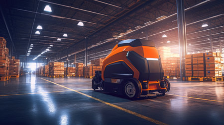 Automated guided vehicle in warehouse logistic and transport. AGV. Generative Aiの素材