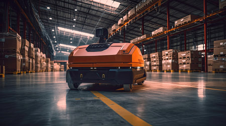 Automated guided vehicle in warehouse logistic and transport. AGV. Generative Aiの素材