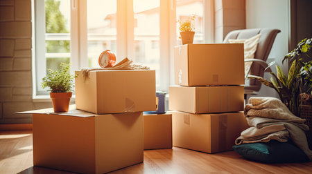 Cardboard boxes and cleaning things for moving into a new home. Move home concept. Generative Aiの素材