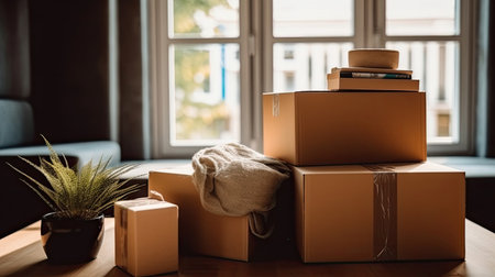 Cardboard boxes and cleaning things for moving into a new home. Move home concept. Generative Aiの素材