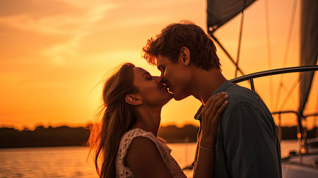 Beautiful couple waiting to kiss as they sail on a yacht against a sunset. Generative Aiの素材