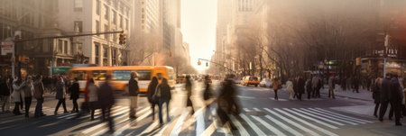 Blurred Busy street scene with crowds of people walking across an intersection in New York City. Generative Aiの素材