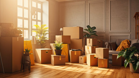 Cardboard boxes and cleaning things for moving into a new home. Move home concept. Generative Aiの素材