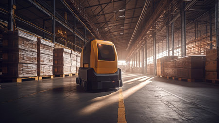 Automated guided vehicle in warehouse logistic and transport. AGV. Generative Aiの素材