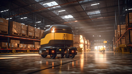 Automated guided vehicle in warehouse logistic and transport. AGV. Generative Aiの素材