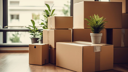 Cardboard boxes and cleaning things for moving into a new home. Move home concept. Generative Aiの素材