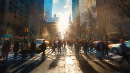 Blurred Busy street scene with crowds of people walking across an intersection in New York City. Generative Aiの素材