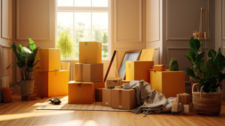 Cardboard boxes and cleaning things for moving into a new home. Move home concept. Generative Aiの素材
