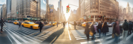 Blurred Busy street scene with crowds of people walking across an intersection in New York City. Generative Aiの素材