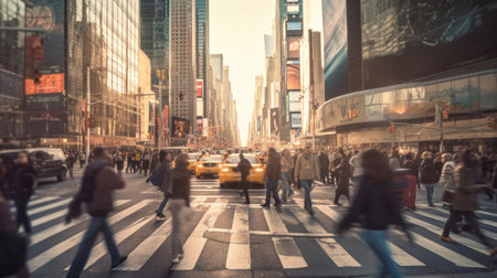 Blurred Busy street scene with crowds of people walking across an intersection in New York City. Generative Aiの素材