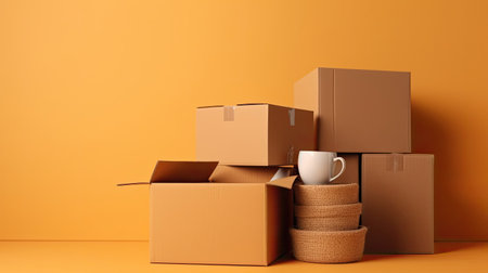 Cardboard boxes and cleaning things for moving into a new home. Move home concept. Generative Aiの素材