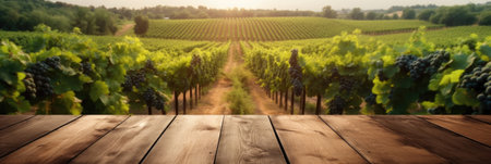 Empty wood table top with on blurred vineyard landscape background. Generative Aiの素材