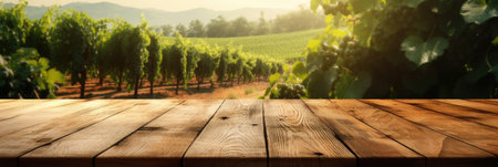 Empty wood table top with on blurred vineyard landscape background. Generative Aiの素材
