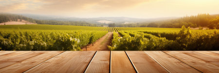 Empty wood table top with on blurred vineyard landscape background. Generative Aiの素材