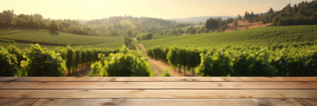 Empty wood table top with on blurred vineyard landscape background. Generative Aiの素材