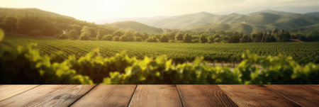 Empty wood table top with on blurred vineyard landscape background. Generative Aiの素材