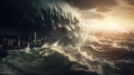 Giant tsunami waves, dark stormy sky, Tornado. Huge waves Tsunami Big waves. Apocalyptic concept. Generative Aiの素材