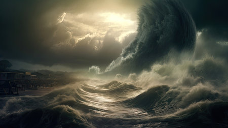 Giant tsunami waves, dark stormy sky, Tornado. Huge waves Tsunami Big waves. Apocalyptic concept. Generative Aiの素材