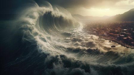 Giant tsunami waves, dark stormy sky, Tornado. Huge waves Tsunami Big waves. Apocalyptic concept. Generative Aiの素材