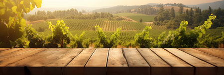 Empty wood table top with on blurred vineyard landscape background. Generative Aiの素材
