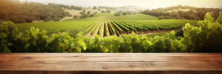 Empty wood table top with on blurred vineyard landscape background. Generative Aiの素材
