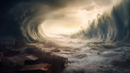 Giant tsunami waves, dark stormy sky, Tornado. Huge waves Tsunami Big waves. Apocalyptic concept. Generative Aiの素材