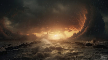 Giant tsunami waves, dark stormy sky, Tornado. Huge waves Tsunami Big waves. Apocalyptic concept. Generative Aiの素材