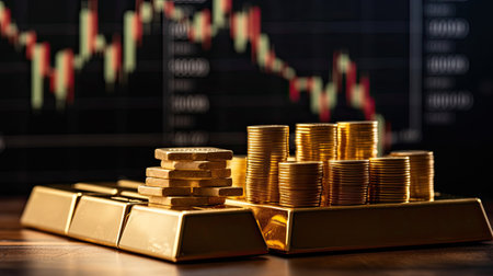 Gold bar resting on a stocks and shares graph representing investment. Concept of gold price in the stock market. Generative Aiの素材