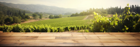 Empty wood table top with on blurred vineyard landscape background. Generative Aiの素材