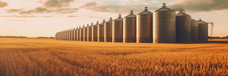 Silos in a wheat field. Storage of agricultural production. Select focus of wheat field. Generative Aiの素材