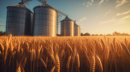 Silos in a wheat field. Storage of agricultural production. Select focus of wheat field. Generative Aiの素材