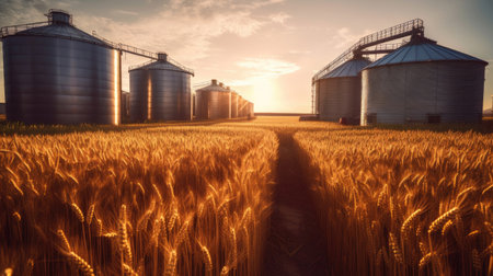 Silos in a wheat field. Storage of agricultural production. Select focus of wheat field. Generative Aiの素材
