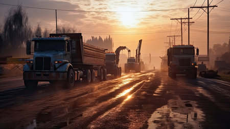 Asphalt Road Construction. Road Workers and Construction Machinery on the Construction Site. Generative Aiの素材