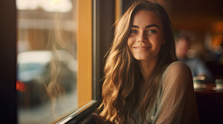 A beautiful woman sitting happily looking out of the window in a cafe. Concept freelance and financial freedom. Generative Aiの素材